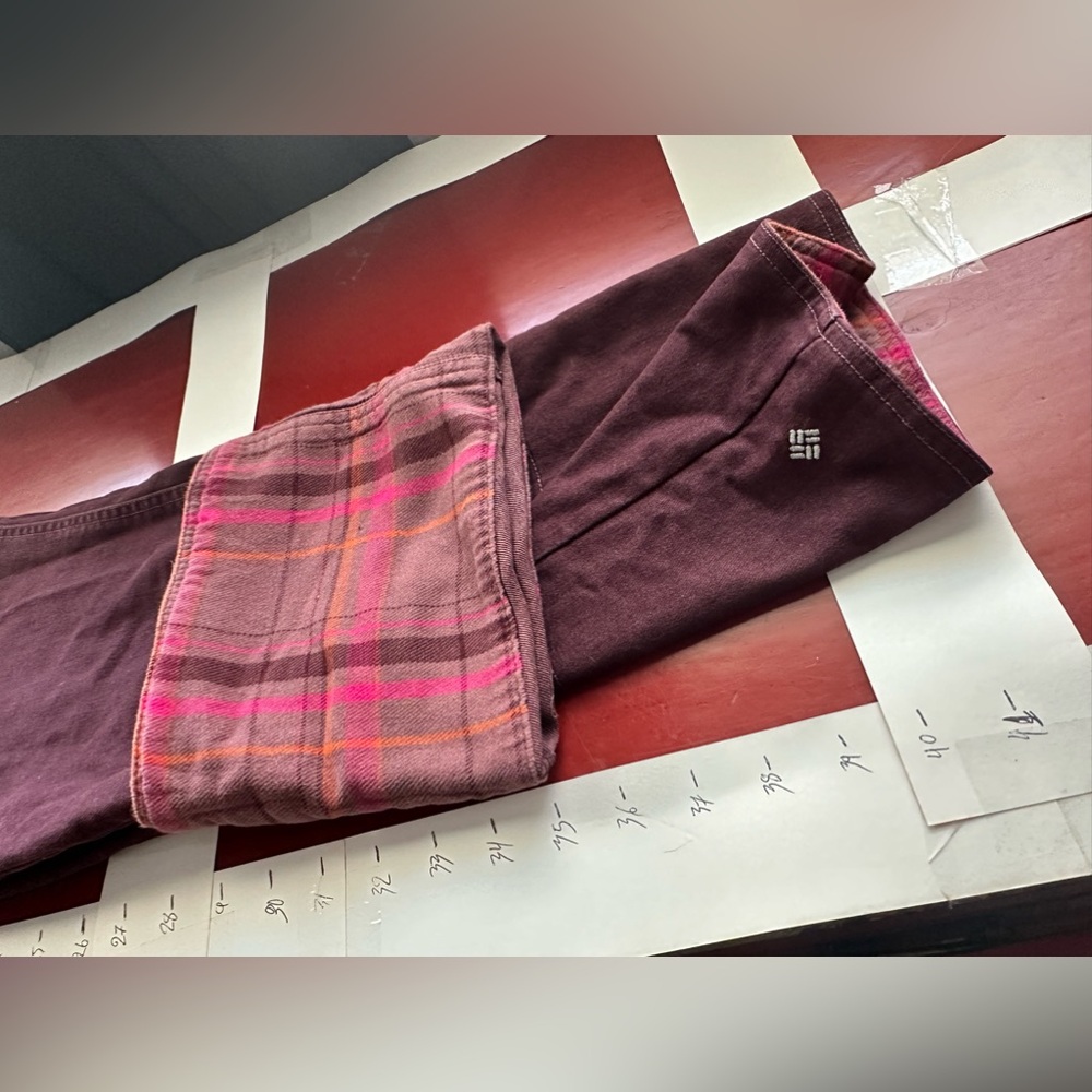 Columbia Burgundy jeans with Pink Plaid Detail. Excellent condition.